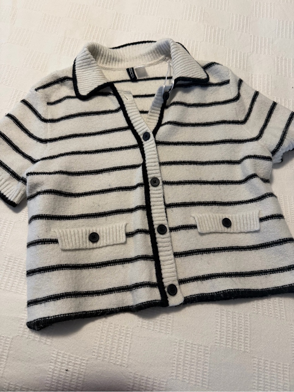 H&M Striped Knit Polo Cardigan - White & Black